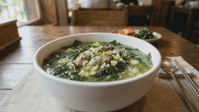 Bowl of oyster seaweed soup on table.