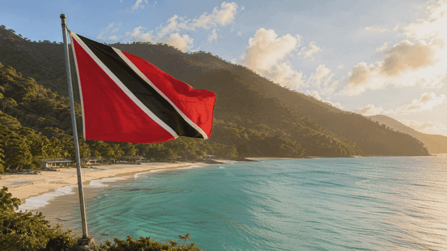 Trinidad and Tobago flag fluttering next to beautiful beach