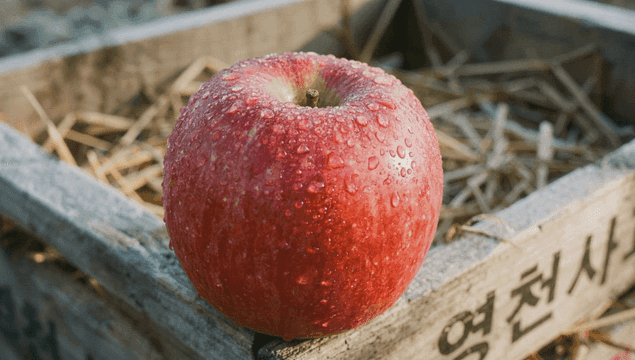 나무 상자에 이슬 맺힌 신선한 사과