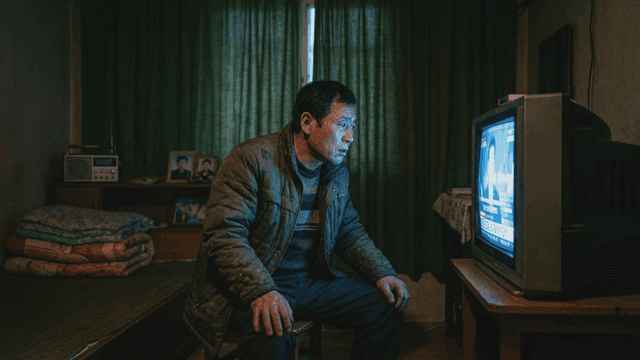 Middle-aged man watching news on TV in dark room