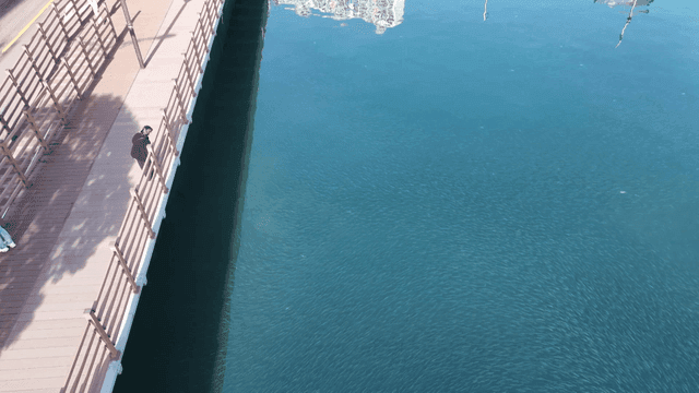 Bridge over clear blue river filled with schools of fish