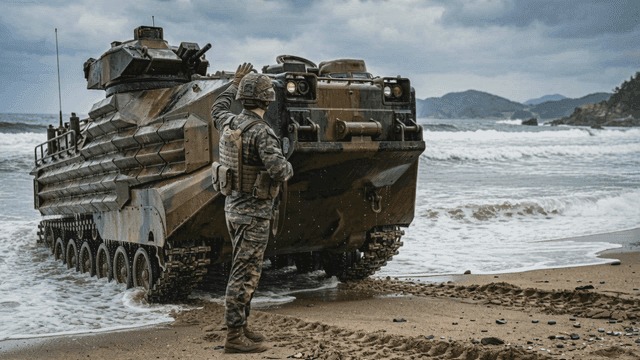Soldier standing next to armored vehicle on beach