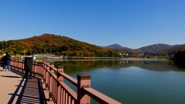 People walking on a lakeside boardwalk of Baegunhosu Lake on a sunny day