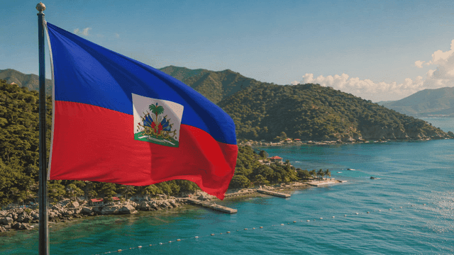 Haitian flag waving by the seaside