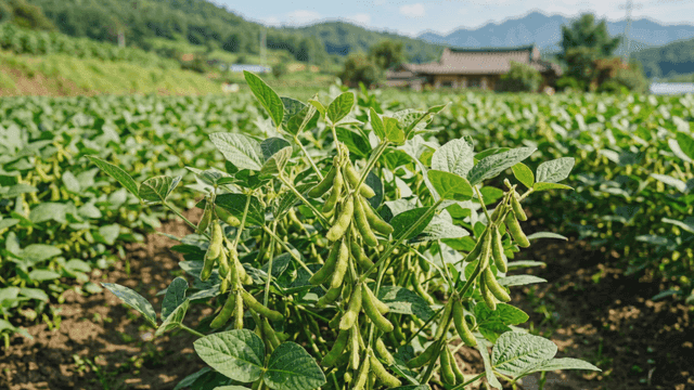 Lush bean field under clear sky.
