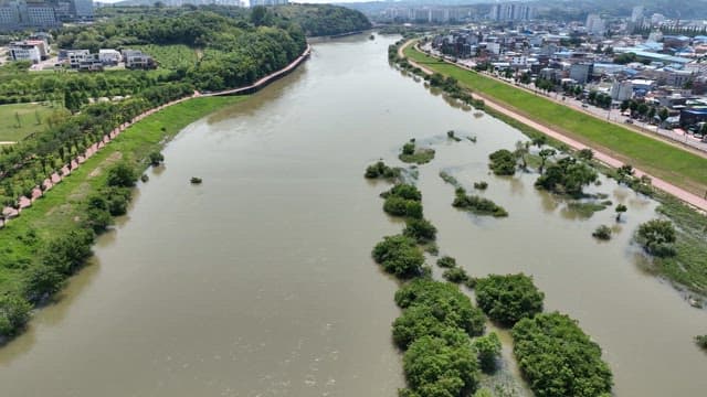 River flowing through a cityscape