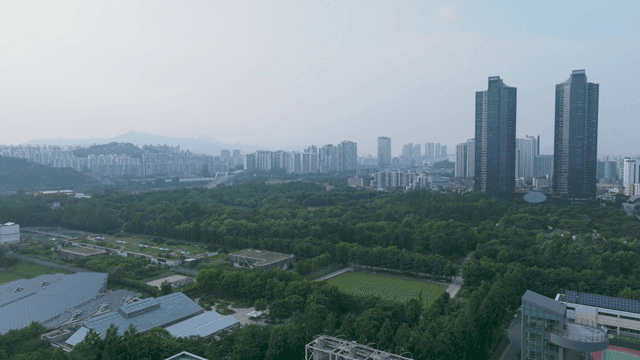 서울 높은 건물이 중간에 있는 푸른 숲 공원