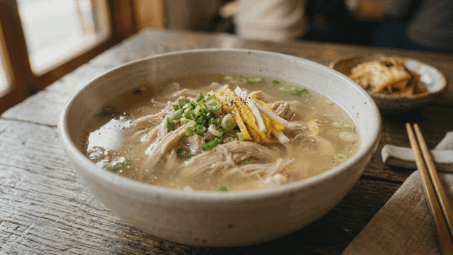 Steaming bowl of chicken soup on table