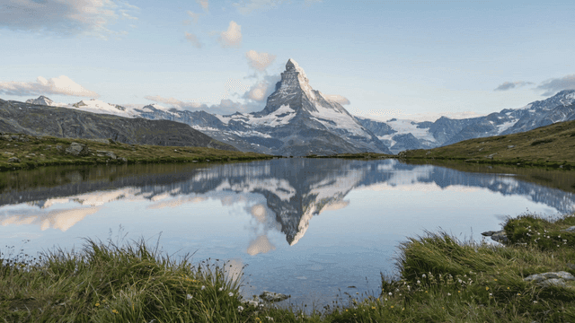 Serene snow-capped mountains reflected in lake