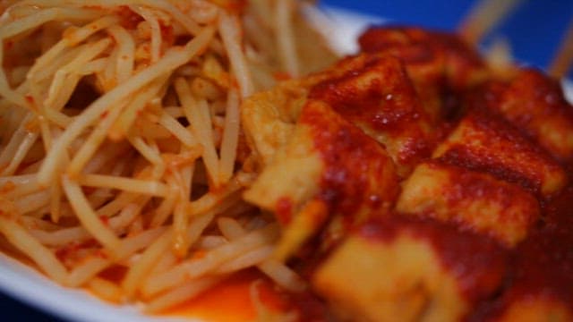 Spicy Korean fish cake and bean sprouts