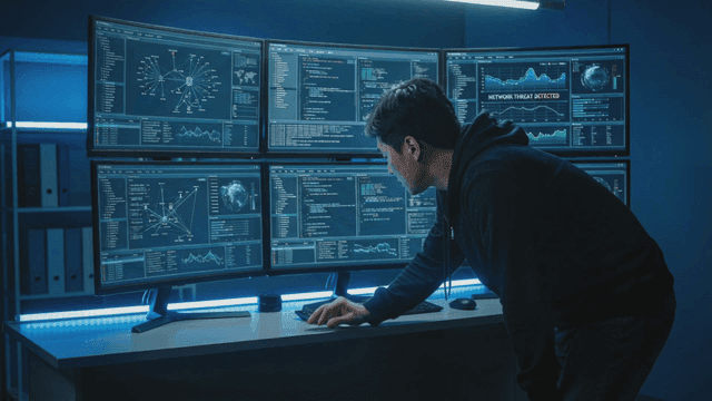 Man analyzing data on multiple screens