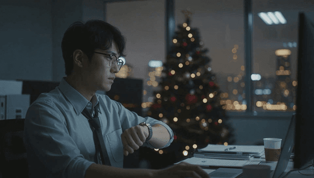 크리스마스 트리와 함께 밤에 일하는 사무실 직원