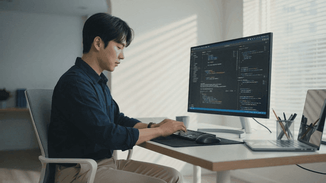 A man coding on a computer in an office