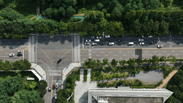 Aerial view of multi-lane intersection