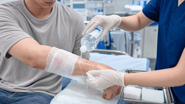 Nurse treating patient's arm wound