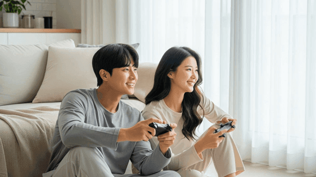 Couple playing console games while leaning back on sofa