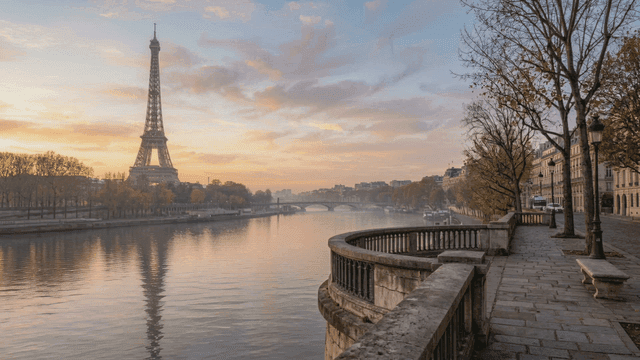 Eiffel Tower by the Seine at sunrise