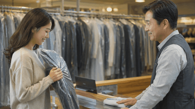 Woman receiving clothes at dry cleaner