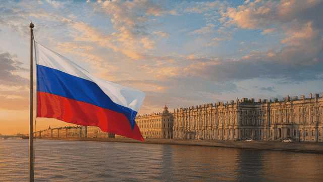 Riverside city landscape and Russian flag