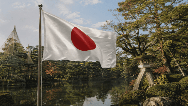 Japanese flag waving in a serene garden