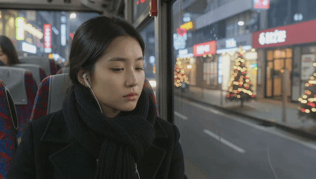 A woman on a bus looking out at night
