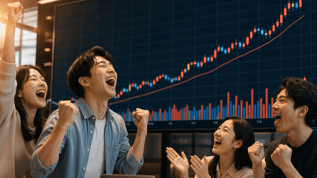 주식 시장 성공을 축하하는 흥분한 사람들