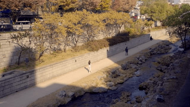 People walking along a riverside path in the sunlight