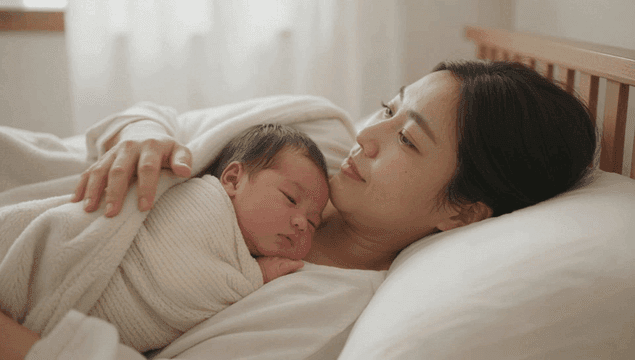 침대에서 평화롭게 쉬는 엄마와 아기