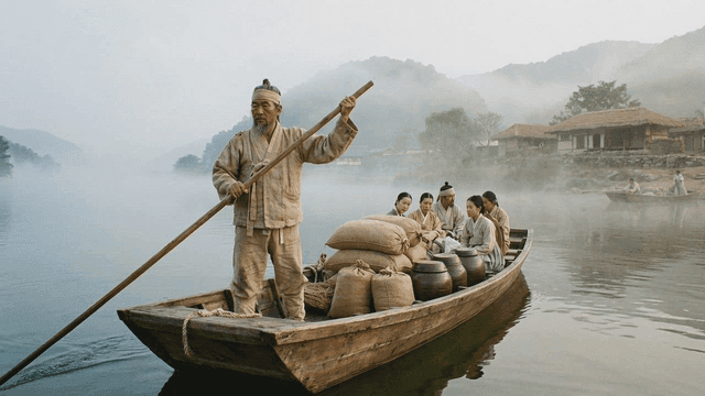People in Hanbok riding ferry on foggy river