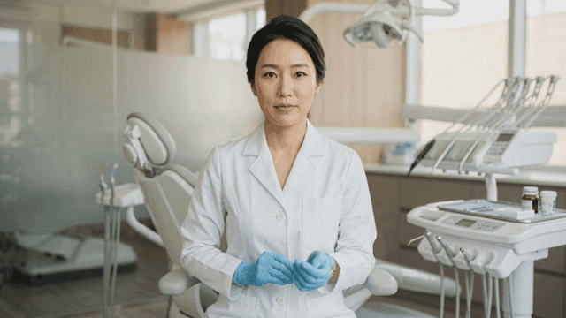 Dentist wearing gloves at dental clinic