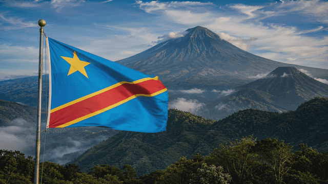 Flag of Democratic Republic of Congo fluttering against mountain backdrop.