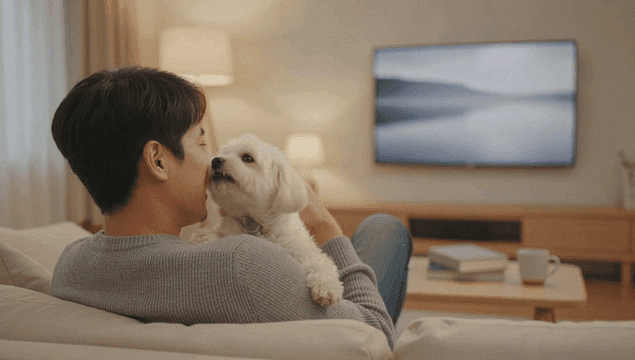 Man relaxing on a living room sofa with a dog