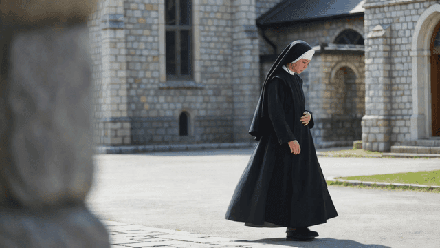 Nun walking outside church