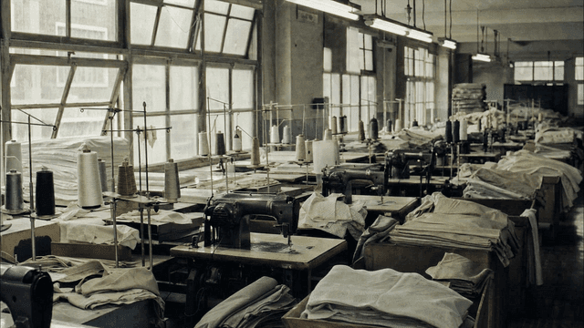 Empty textile factory with sewing machines from 70s