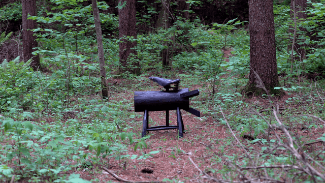 Wooden log with a bicycle seat in the forest