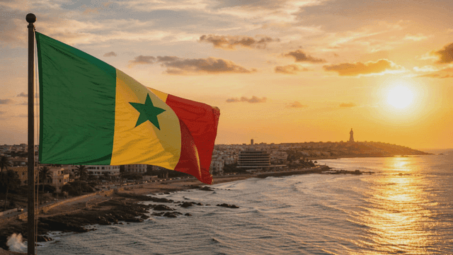 Senegal flag waving by the seaside at sunset