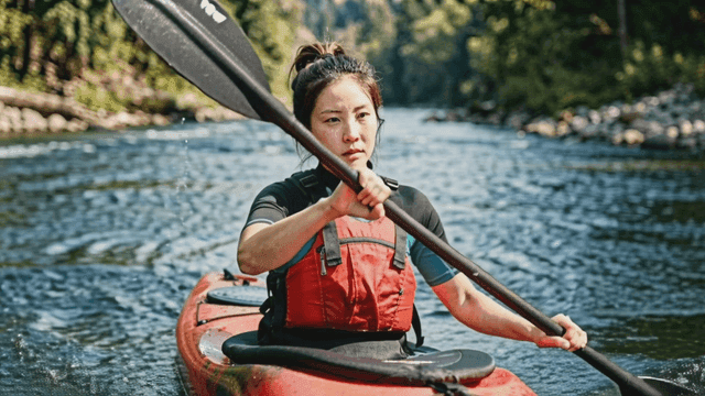 Woman kayaking on fast-flowing river