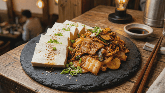 Tofu and fried kimchi on table