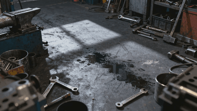 Tools on workshop floor and oil spilled on floor