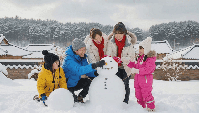 Family making a snowman in the courtyard of a snow-covered hanok