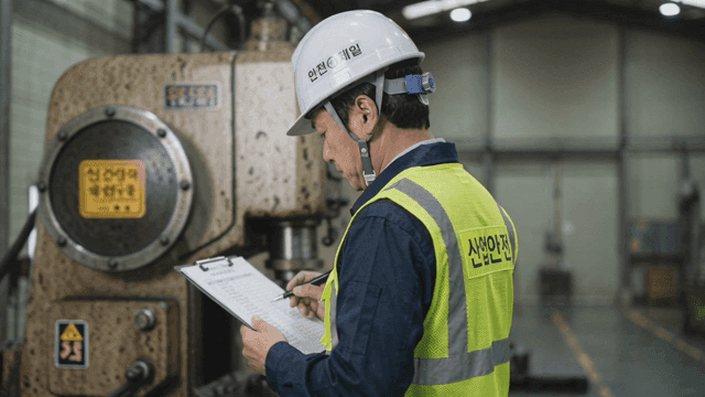 Worker inspecting machinery in factory