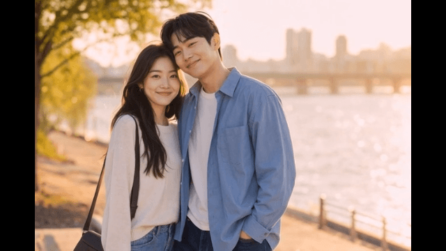 Smiling couple by river at sunset