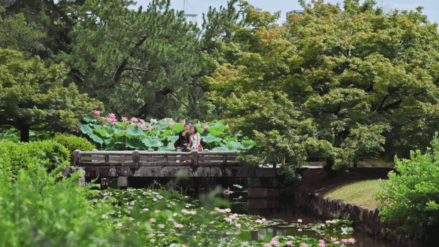 정원에서 다리 위에 앉아 있는 커플