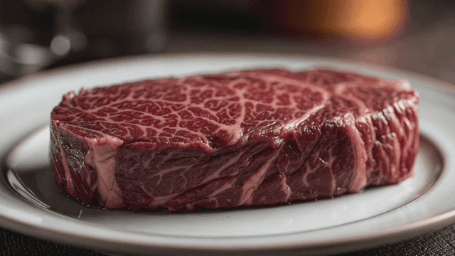 Marbled steak on white plate