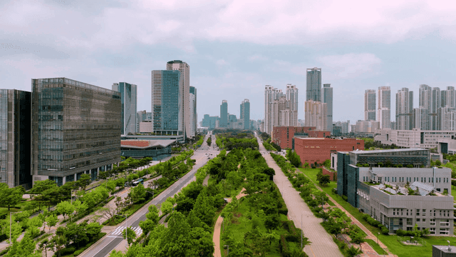 Modern city landscape with greenery.