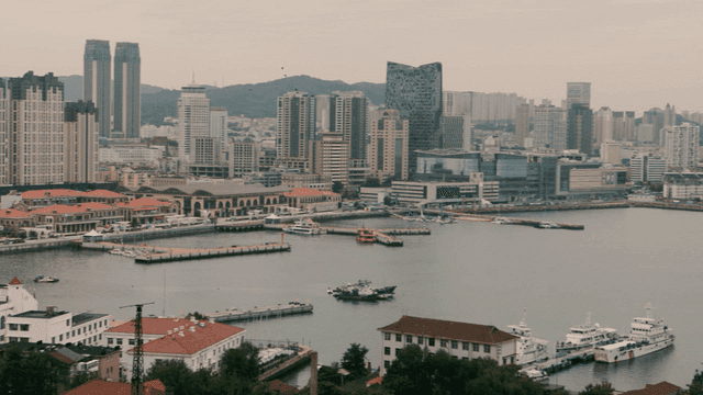 Bustling cityscape with a harbor view