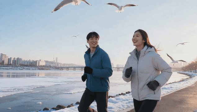 눈 덮인 강변을 달리는 커플