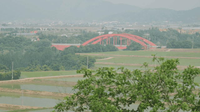 Red bridge over green field