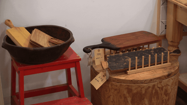 Wooden kitchen utensils on display