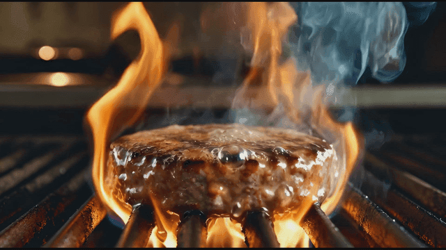 Juicy burger patty grilling with flames